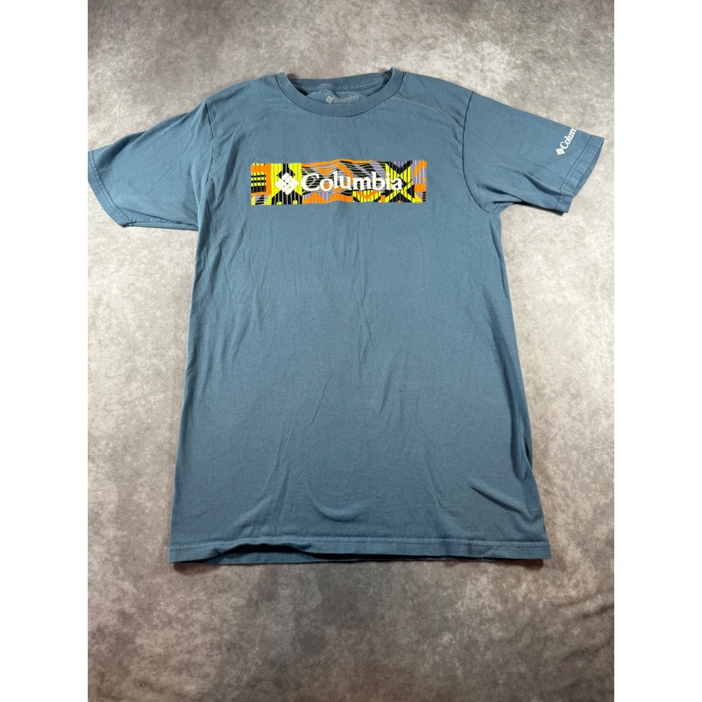 Columbia Mens Blue Graphic Logo Short Sleeve T-Shirt Size Small Outdoor Tee